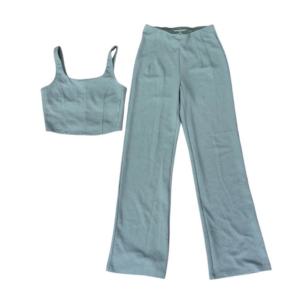 2 Piece Set Womens Small Crop Top Straight Leg Pants Sage Green Loungewear